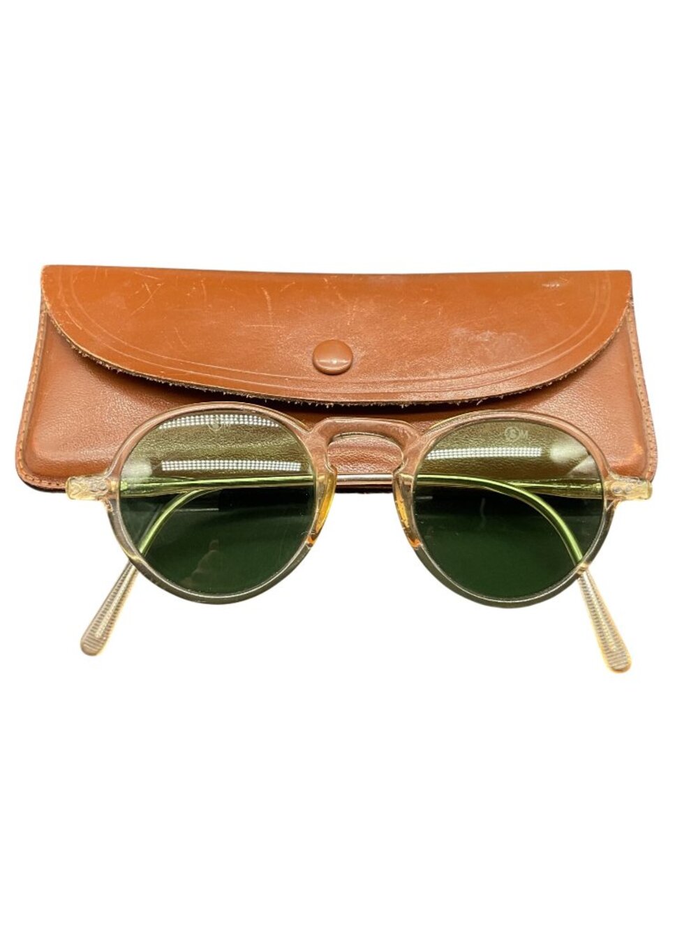 Vtg Sunglasses Round Full Vue Frame w/ leather Case Miltzen Moscot??? 5"W x 4"L